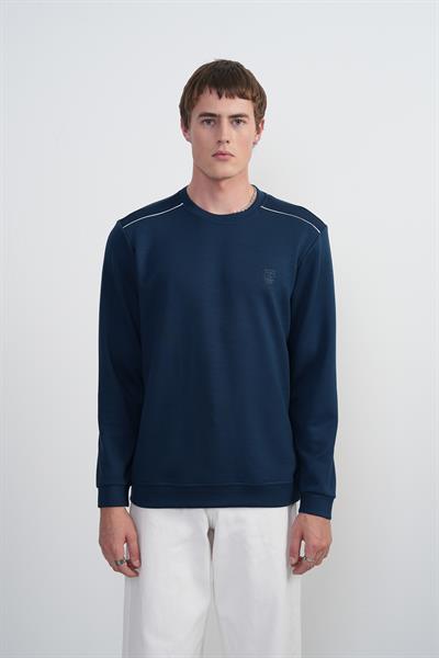 Erkek Omuz Çizgili Bisiklet Yaka Lacivert Sweatshirt