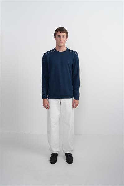Erkek Omuz Çizgili Bisiklet Yaka Lacivert Sweatshirt