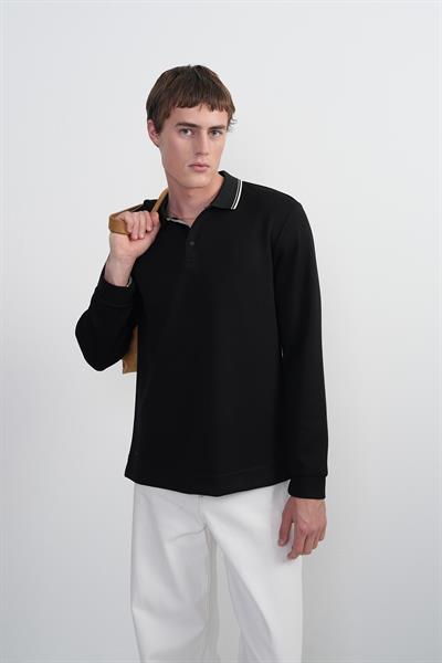 Erkek Yaka Çizgili Uzun Kollu Siyah Polo Yaka Tişört