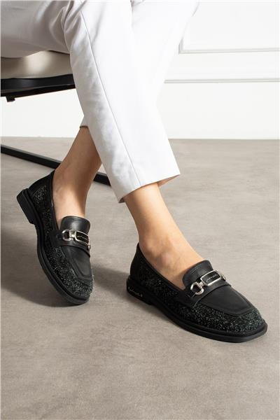 Kadın Loafer Ayakkabı Süet Siyah Kısa Topuklu Casual/Günlük