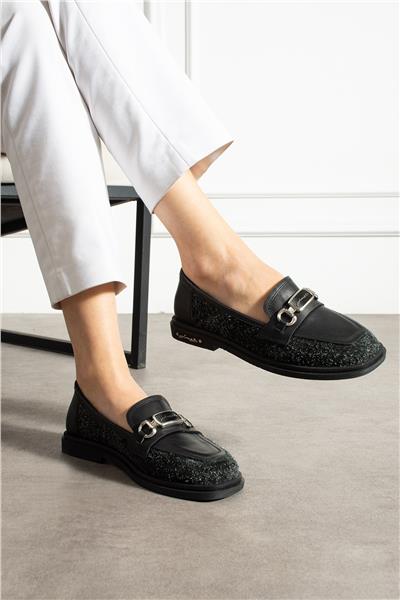 Kadın Loafer Ayakkabı Süet Siyah Kısa Topuklu Casual/Günlük