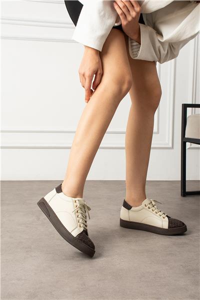 Kadın Sneaker Hakiki Deri Bej Kısa Topuklu Casual/Günlük