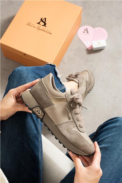 Kadın Sneaker Süet Bej Kısa Topuklu Casual/Günlük