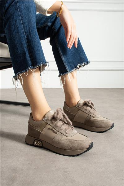 Kadın Sneaker Süet Bej Kısa Topuklu Casual/Günlük