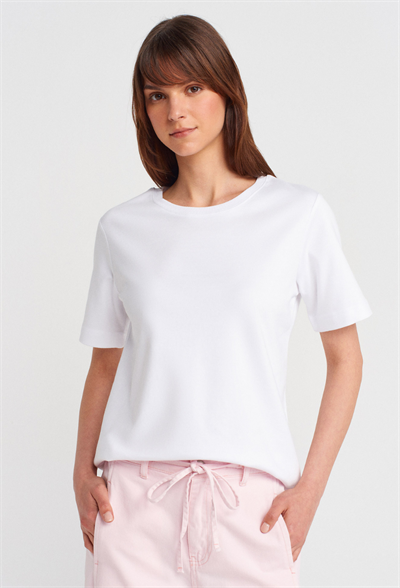 %100 Pamuk Bisiklet Yaka T-shirt-Beyaz