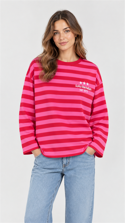 Bisiklet Yaka Kırmızı Çizgili Baskılı Sweatshirt
