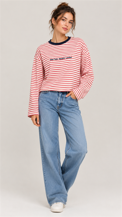Bisiklet Yaka Kırmızı Çizgili Sweatshirt