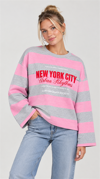 Bisiklet Yaka Pembe Çizgili New York Baskılı Sweatshirt