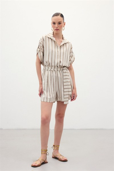 Çizgili Keten Şort - Camel