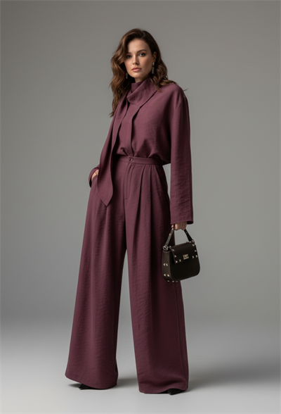 Fular Yakalı Gömlek & Pantalon Premium Tencel Takım Mürdüm