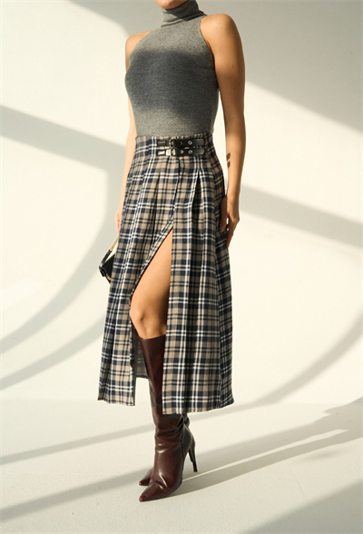 Kadın Ekose Desenli Yırtmaçlı Uzun Etek