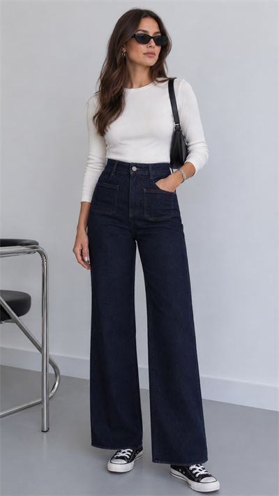 Koyu Lacivert Köşeli Cepli Cropped Jean
