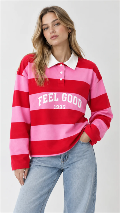 Polo Yaka Kırmızı Feel Good Baskılı Sweatshirt