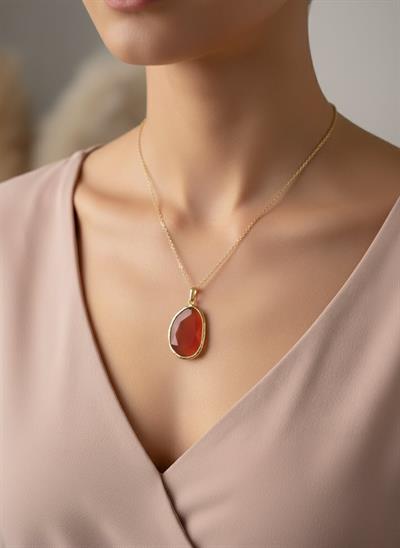 Kadın Gold Çerçeveli Pembe Kristal Doğal Taşlı Tasarım Kolye - el yapımı