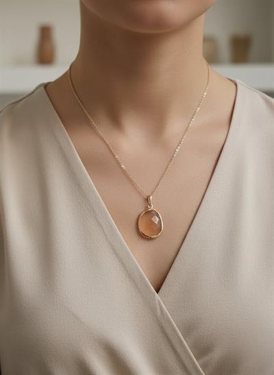 Kadın Gold Çerçeveli Pembe Kristal Doğal Taşlı Tasarım Kolye - el yapımı
