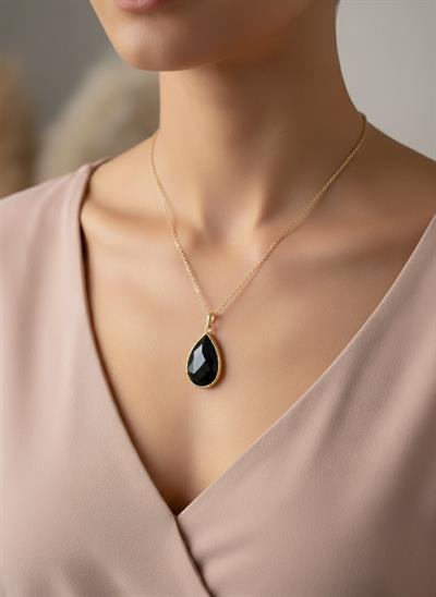 Kadın Gold Çerçeveli Pembe Kristal Doğal Taşlı Tasarım Kolye - el yapımı
