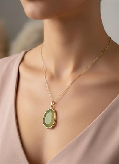 Kadın Gold Çerçeveli Pembe Kristal Doğal Taşlı Tasarım Kolye - el yapımı