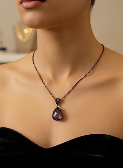 Kadın Bronz His Taşı Renk Değiştiren Antik Kolye - Vintage Stil Damla Kolye