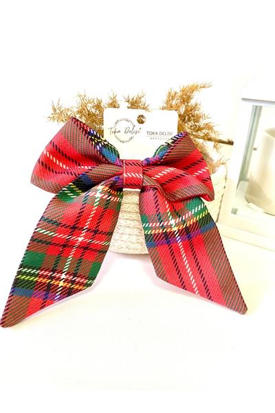 Vintage Tartan Desenli Çok Renkli Hacimli ve Kuyruklu Tokası El Yapımı