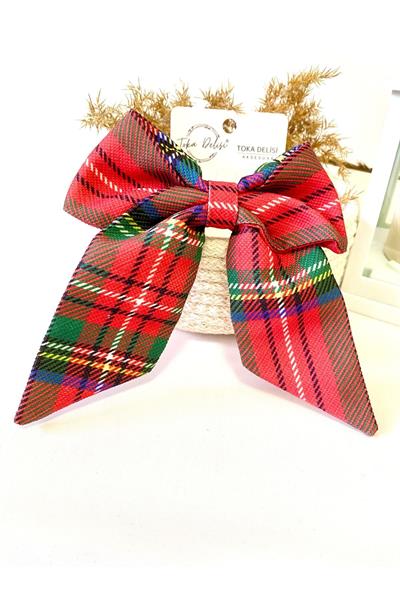 Vintage Tartan Desenli Çok Renkli Hacimli ve Kuyruklu Tokası El Yapımı