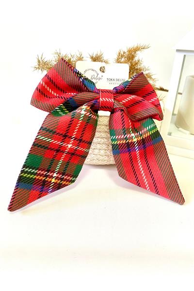 Vintage Tartan Desenli Çok Renkli Hacimli ve Kuyruklu Tokası El Yapımı