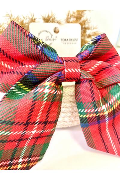 Vintage Tartan Desenli Çok Renkli Hacimli ve Kuyruklu Tokası El Yapımı