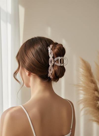 Zarif Kavisli Hatlı Krem ve Kahve Geçişli Mandal Toka - el yapımı