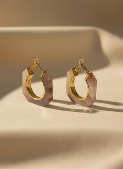 Kadın Gold Geçişli Mermer Desenli Geometrik Halka Küpe - Modern ve Şık Asetat Küpe