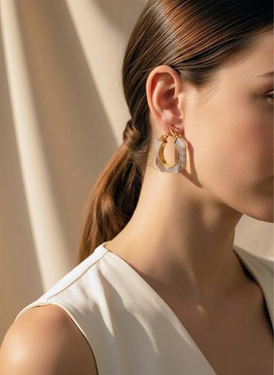 Kadın Gold Geçişli Mermer Desenli Geometrik Halka Küpe - Modern ve Şık Asetat Küpe