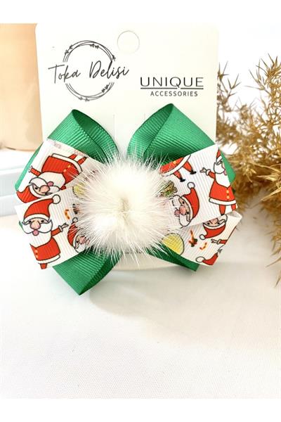 Noel Baba Figürlü Yeşil Katmanlı Beyaz Peluş Ponponlu Yılbaşı Toka El Yapımı