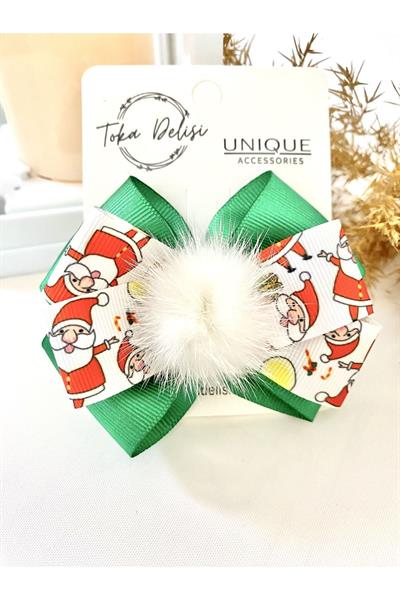 Noel Baba Figürlü Yeşil Katmanlı Beyaz Peluş Ponponlu Yılbaşı Toka El Yapımı