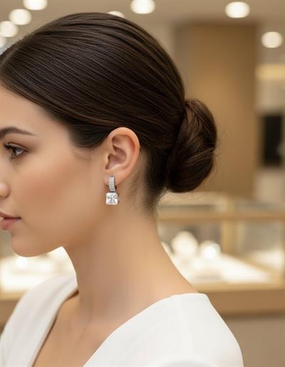 Işıltılı Baget Taş İşlemeli Kare Formlu Premium Gümüş Küpe El Yapımı