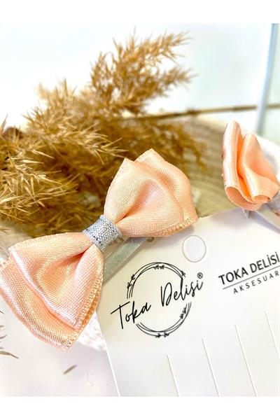 Romantik Şeftali-Somon Tonlarında Parlak Şeritli Minimalist Tokası El Yapımı