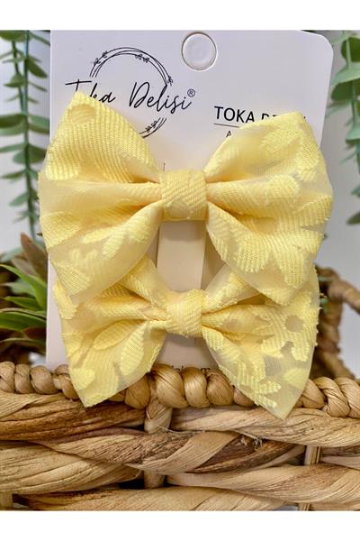 Romantik Güneş Sarısı Kendinden Desenli 2li Paket Yan Toka El Yapımı