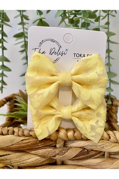 Romantik Güneş Sarısı Kendinden Desenli 2li Paket Yan Toka El Yapımı