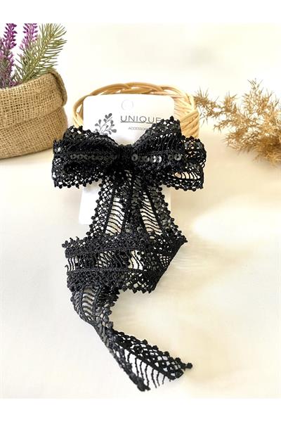 Siyah Pullu Şerit Dantel Fiyonk Toka, Tasarım Yetişkin Genç Kız Klipsli Otomatik Fiyonk El Yapımı