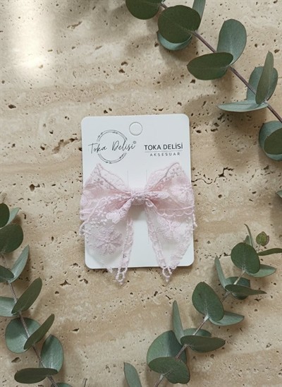 Saçsız ve Az Saçlı Bebekler İçin Pudra Nakışlı Tül Butik Fiyonk Toka - el yapımı