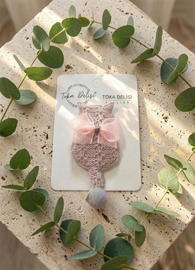Bebekler İçin Kedicik Figürlü Pembe Gri Saçsız Bebek Tokası