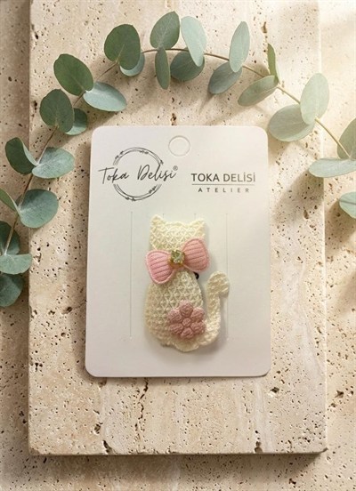 Bebekler İçin Kedicik Figürlü Pembe Krem Taşlı Saçsız Bebek Tokası