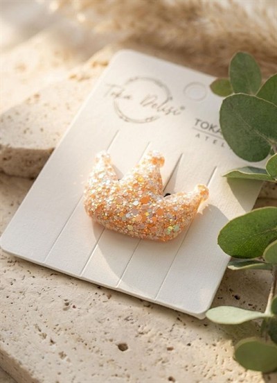 Bebekler İçin Somon Pembe Glitter Taç Figürlü  Saçsız Bebek Tokası