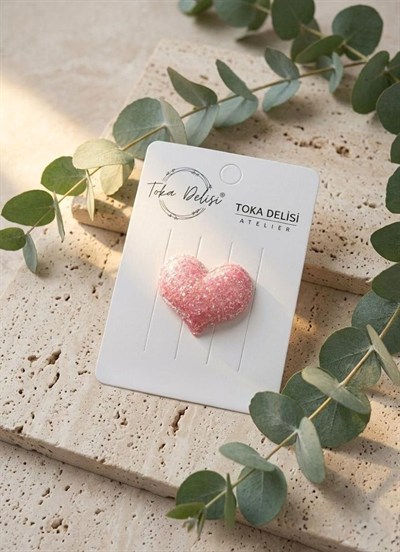 Bebekler İçin Şık ve Parlak Glitter Kalp Figürlü Pembe Saçsız Bebek Tokası