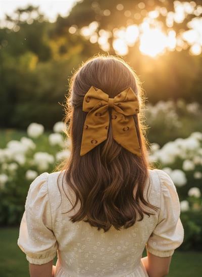 Kadın Hardal Sarısı Puantiyeli Dokulu Kuyruklu Fiyonk Toka El Yapımı