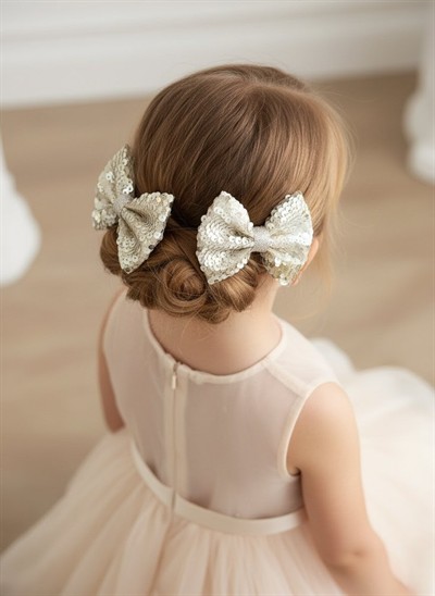 Çocuk ve Genç Kız Gümüş-Beyaz Pullu Işıltılı İkili Butik Fiyonk - el yapımı