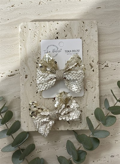 Çocuk ve Genç Kız Gümüş-Beyaz Pullu Işıltılı İkili Butik Fiyonk - el yapımı