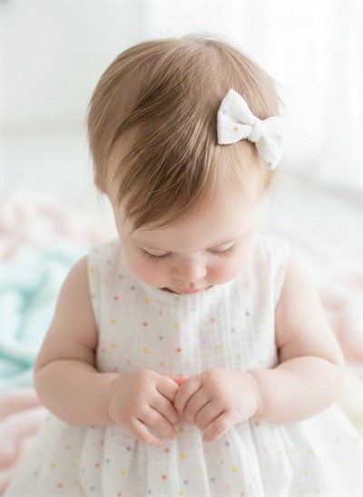 Saçsız ve Az Saçlı Bebekler İçin Renkli Puantiyeli Beyaz Keten Butik Fiyonk - el yapımı