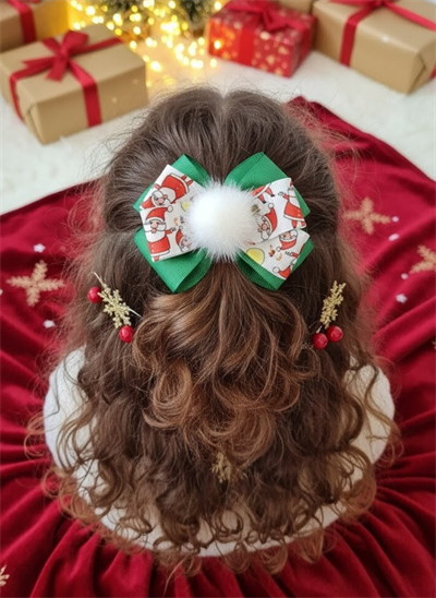 Noel Baba Figürlü Yeşil Katmanlı Beyaz Peluş Ponponlu Yılbaşı Toka El Yapımı