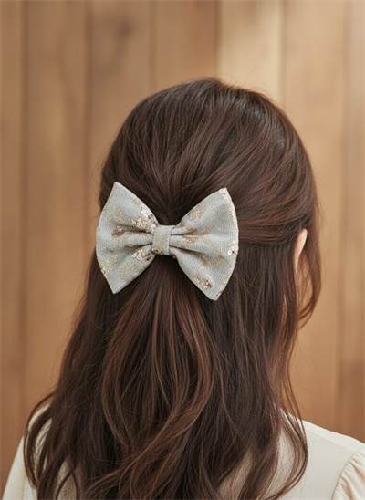 Premium Seri Simli Kumaş Detaylı Parlak Naturel Bej Fiyonk Toka El Yapımı