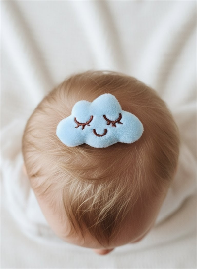 Sevimli Uyuyan Bulut Tasarımlı Mavi Kadife Peluş Bebek Tokası El Yapımı