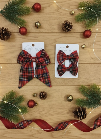  Anne Kız Kırmızı Ekose Yılbaşı Fiyonk Toka, Özel Kırmızı Yılbaşı Tokası El Yapımı