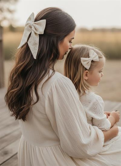 Anne-Kız Premium Ekru Çiçek Nakışlı Brode Kuyruklu Fiyonk ve Mini Yan Toka Kombin Seti El Yapımı